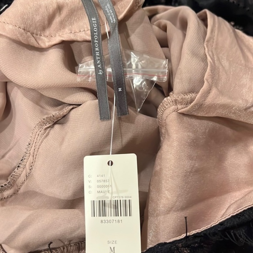 Anthropologie Mauve Nude Black Lace Overlay Side Slit Slip Dress - Picture 3 of 14